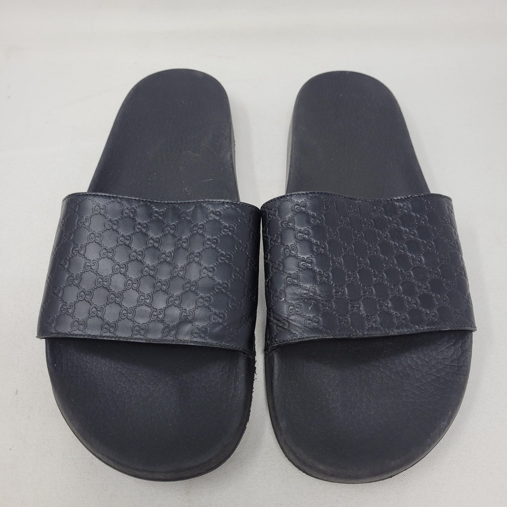 Gucci Sandals Mens Size 9 Black GG Logo Slide Leather Casual Comfort Slides